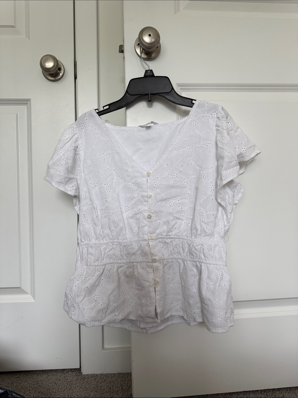 Time and Tru White Eyelet Peplum Button-Front Top
